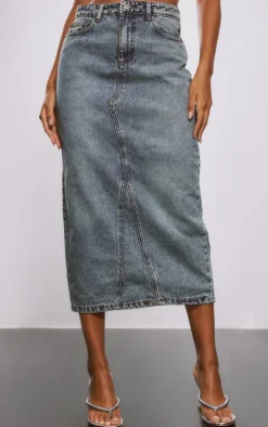 Acid Blue Wash Denim Split Back Midi Skirt