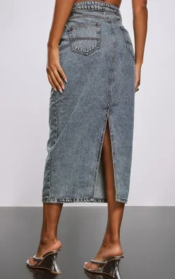 Acid Blue Wash Denim Split Back Midi Skirt