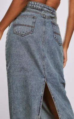 Acid Blue Wash Denim Split Back Midi Skirt