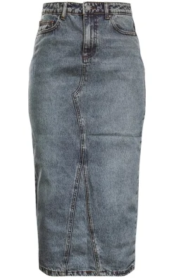 Acid Blue Wash Denim Split Back Midi Skirt