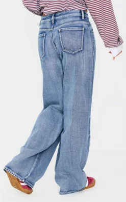 Acid Blue Wash Low Rise Seam Detail Wide Leg Jeans