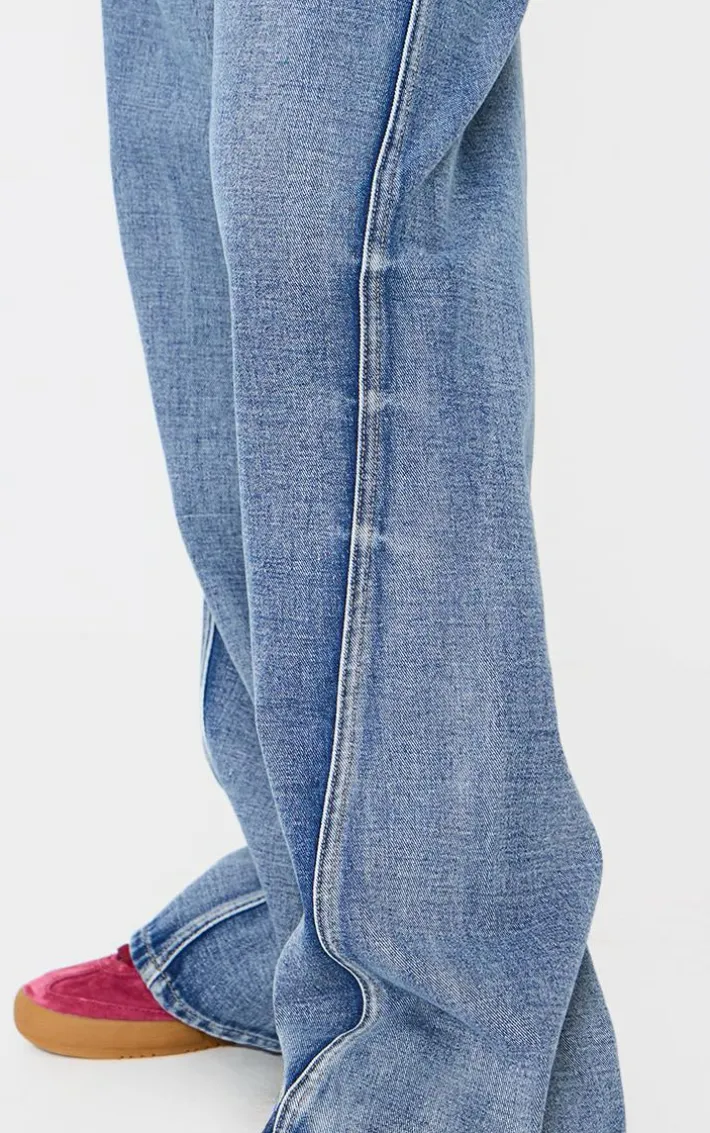 Acid Blue Wash Low Rise Seam Detail Wide Leg Jeans