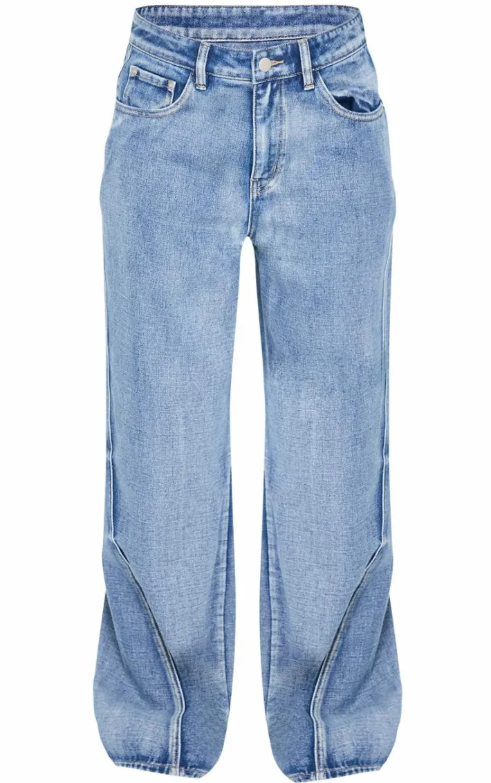 Acid Blue Wash Low Rise Seam Detail Wide Leg Jeans