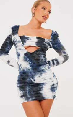 Acid Blue Wash Tie Dye Textured Jersey Cut Out Long Sleeve Bodycon Dress