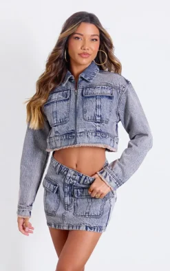 Acid Wash Pocket Detail Denim Mini Skirt