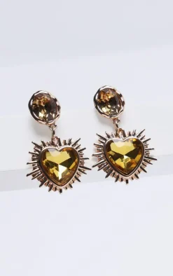 Amber Heart Jewel Statement Stud Earrings