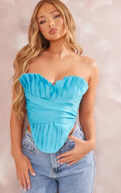 Aqua Blue Pleated Drape Front Corset