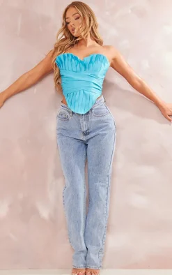 Aqua Blue Pleated Drape Front Corset
