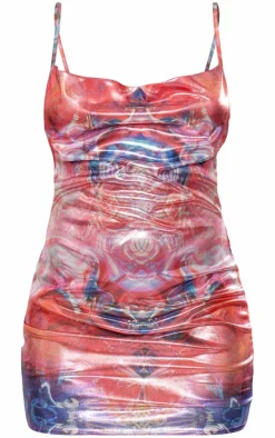 Aqua Blue Printed Metallic Cowl Neck Shift Dress