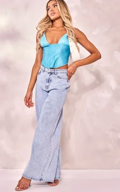 Aqua Blue Satin Lace Boned Corset Top