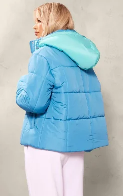 Aqua Contrast Hood Puffer Jacket