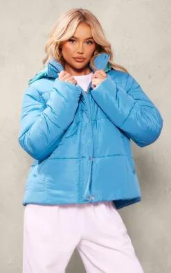 Aqua Contrast Hood Puffer Jacket