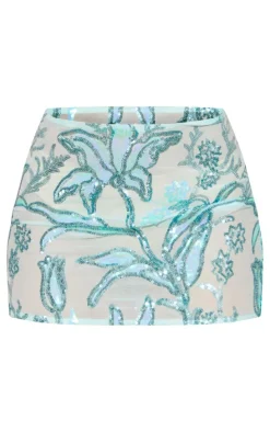 Aqua Floral Sequin Mini Skirt