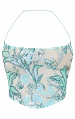 Aqua Floral Sequin Strappy Crop Top