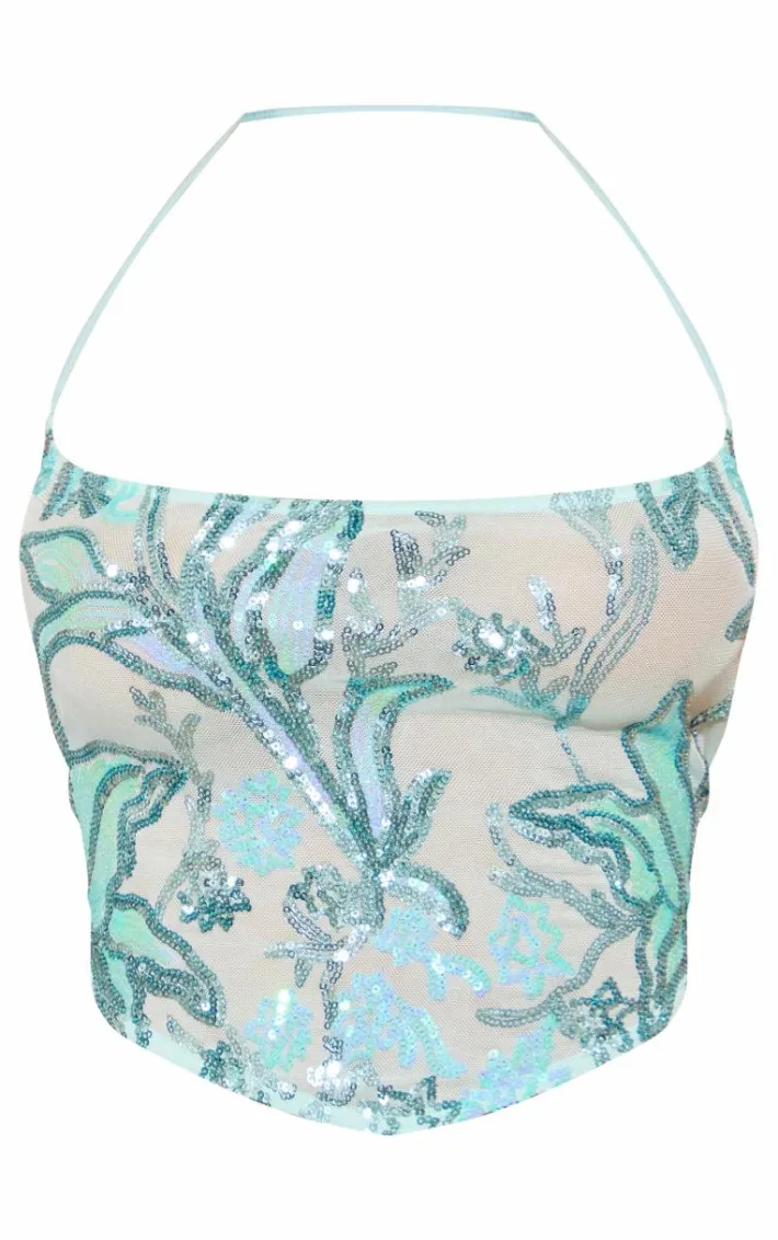 Aqua Floral Sequin Strappy Crop Top