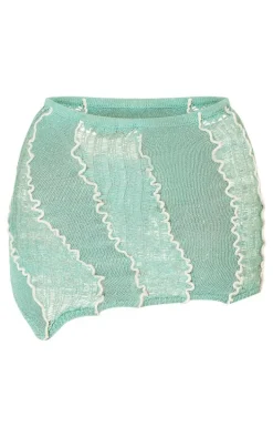 Aqua Glitter Contrast Knit Asymmetric Mini Skirt