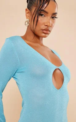 Aqua Glitter Knit Plunge Cut Out Dress