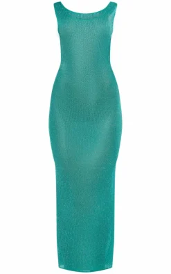 Aqua Glitter Sheer Scoop Neck Maxi Dress