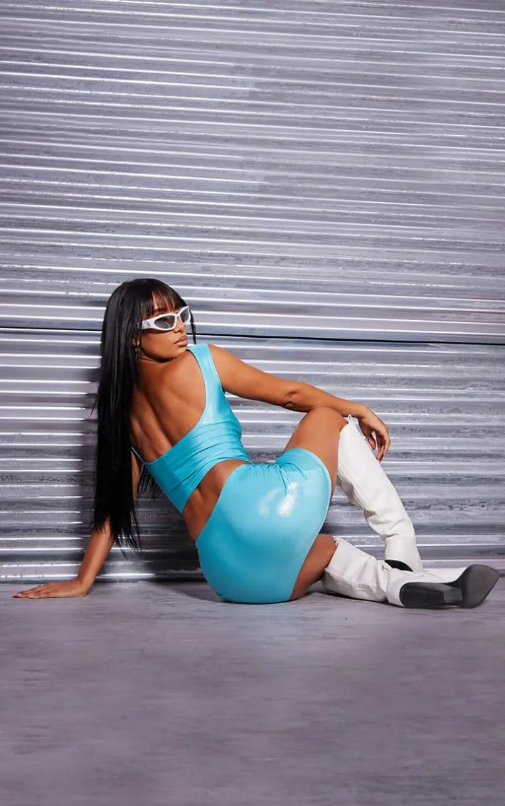 Aqua Metallic Open Back Cap Sleeve Longline Top