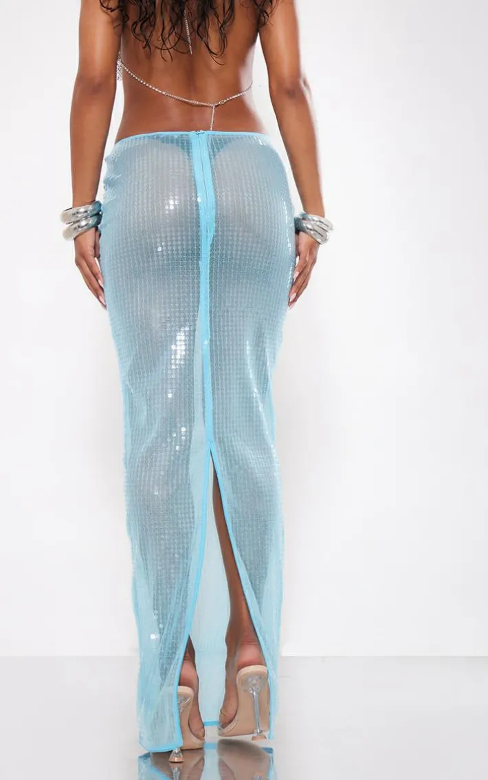 Aqua Sheer Sequin Split Back Maxi Skirt