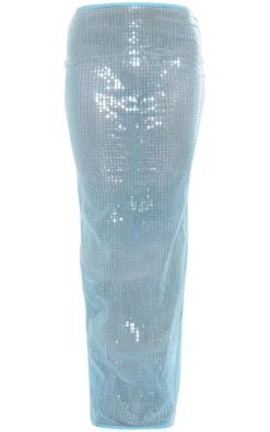 Aqua Sheer Sequin Split Back Maxi Skirt
