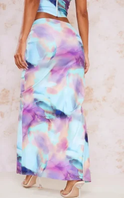 Aqua Tie Dye Printed Split Maxi Skirt