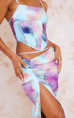 Aqua Tie Dye Printed Split Maxi Skirt
