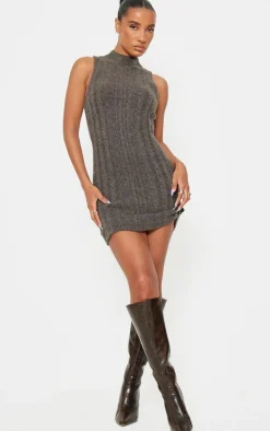 Ash Brown High Neck Knit Mini Dress