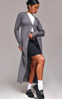 Ash Grey Basic Fine Knit Maxi Cardigan