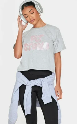 Ash Grey Contrast Embroidered Studio Print Sweat Top