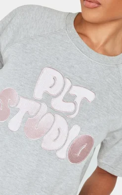 Ash Grey Contrast Embroidered Studio Print Sweat Top