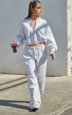 Ash Grey Drawcord Waist Cropped Zip Up Sweatshirt