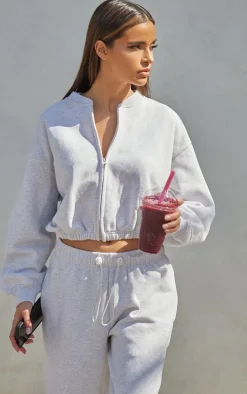 Ash Grey Drawcord Waist Cropped Zip Up Sweatshirt