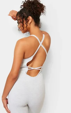 Ash Grey Marl Cotton Scoop Back Strap Detail Jumpsuit