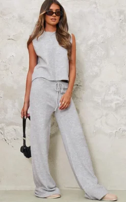 Ash Grey Marl Soft Knit Wide Leg Pants