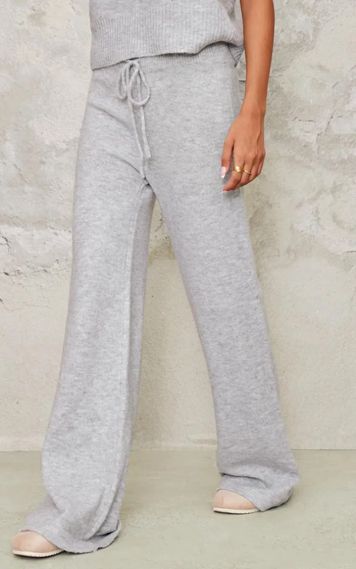 Ash Grey Marl Soft Knit Wide Leg Pants
