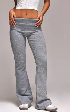 Ash Grey Melange Soft Knit Foldover Waist Flared Pants