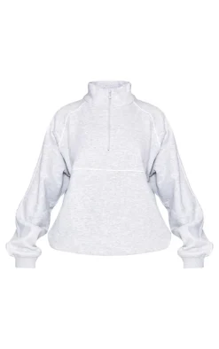 Ash Grey Oversized Contrast Piping Quarter Zip Sweatshirt