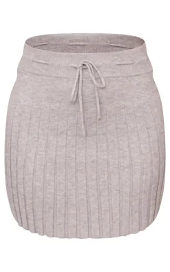 Ash Grey Rib Knit Pleated Tie Waist Mini Skirt