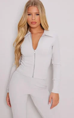Ash Grey Rib Zip Through High Neck Long Sleeve Top