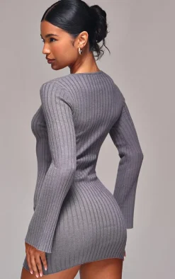 Ash Grey Ribbed Knit Mini Dress