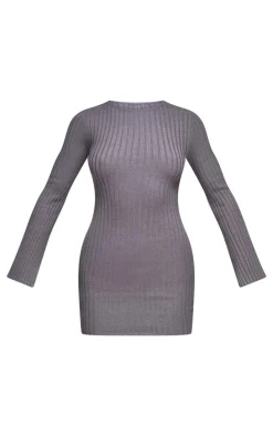 Ash Grey Ribbed Knit Mini Dress