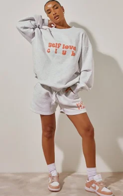Ash Grey Self Love Club Puff Print Oversized Runner Shorts