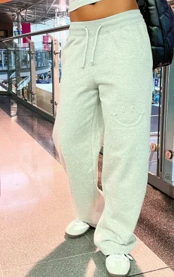 Ash Grey Smile Embossed Wide Leg Sweatpants