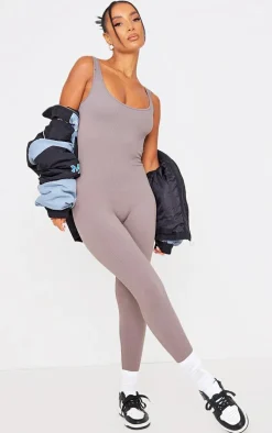 Ash Grey Structured Snatched Ribbed Scoop Neck Jumpsuit