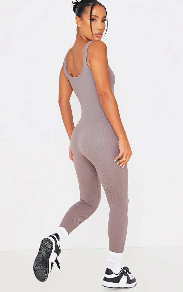 Ash Grey Structured Snatched Ribbed Scoop Neck Jumpsuit