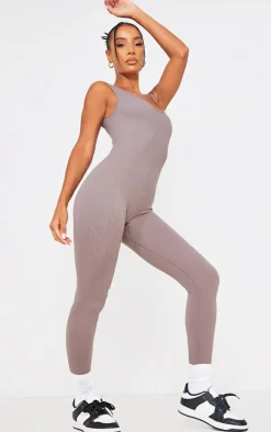 Ash Grey Structured Snatched Ribbed Scoop Neck Jumpsuit