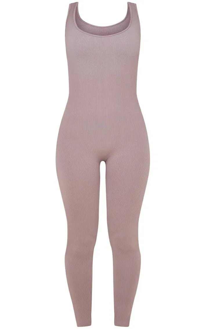 Ash Grey Structured Snatched Ribbed Scoop Neck Jumpsuit