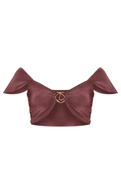 Aubergine Double Layer Slinky Trim Detail Capped Sleeve Crop Top
