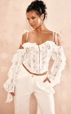 Baby Blue Floral Applique Ruffle Bardot Hook And Eye Top